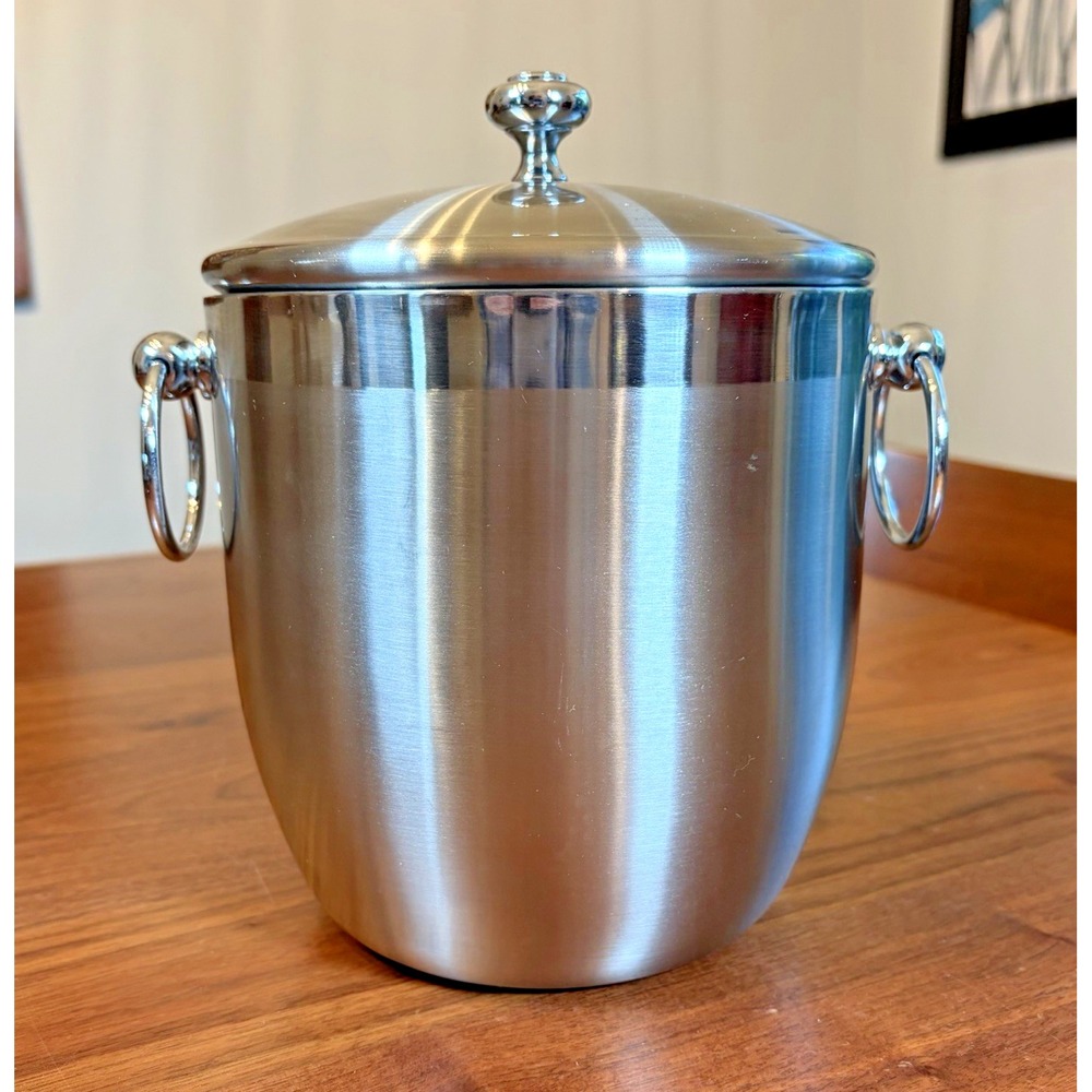 HOME Stainless Steel Ice Bucket Double Wall Insulated Silver Lid and Handles